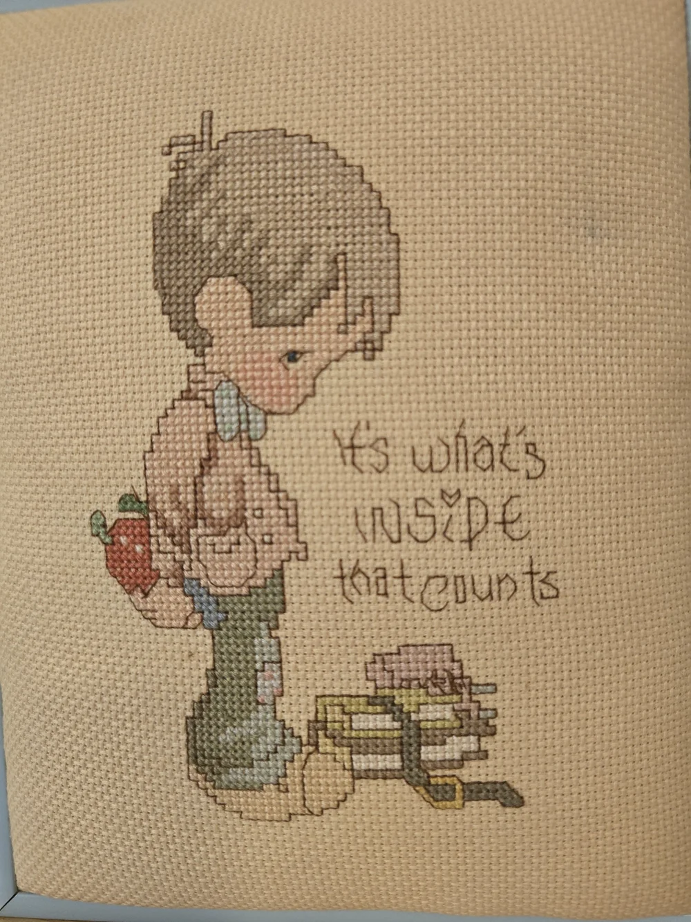 Vintage Precious Moments Cross Stitch Framed Its Whats Inside That Counts 9x11